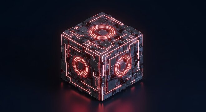 Futuristic Glowing Cube with Neon Red Lines and Digital Circuit Patterns in Dark Environment