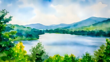 Naklejka premium Watercolor Mountain Lake Landscape – Serene Nature Painting