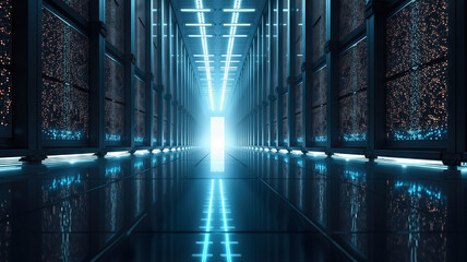 Futuristic data center corridor with glowing servers and bright exit