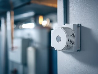White fire alarm on a light gray wall
