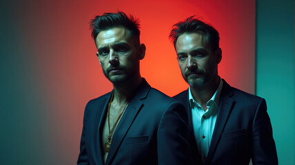 Two men in suits are standing in front of a red background