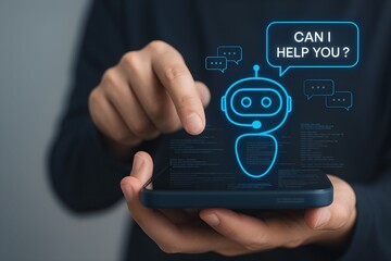 A close-up shot shows a person's fingers interacting with a smartphone. The screen displays a glowing neon blue chatbot icon asking 'Can I help you?' with chat bubbles.