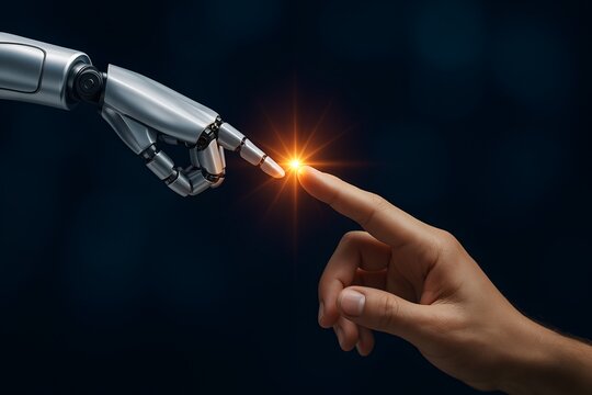 A close-up shot shows a human index finger and a robotic finger touching, with a bright, starburst light emanating from the point of contact against a dark background.