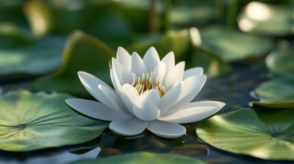 A white lotus flower, unaccompanied and serene, rests on the calm surface of a pond, its beauty enhanced by the surrounding green lily pads and the soft, lapping water, symbolizing purity and