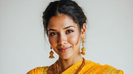 Smiling young asian female in traditional yellow attire with gold jewelry