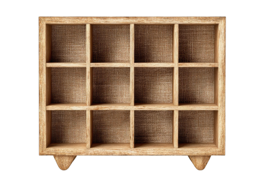 A small, light-brown wooden box with twelve equal compartments lined with burlap fabric and small feet