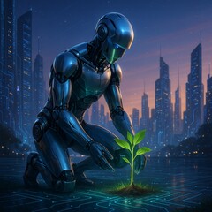 Futuristic AI Robot Planting a Glowing Sapling – Symbol of Ethical Artificial Intelligence and Sustainable Technology