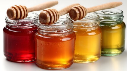 Premium Honey Jars with Dippers Against White Background  
