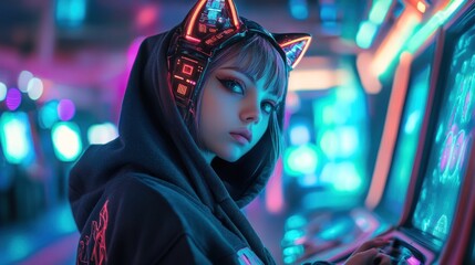 Stylish young woman with futuristic headphones enjoying city night lights