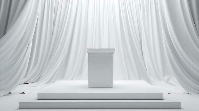 Minimalist White Podium On A White Stage With Flowing Drapes In Soft Light