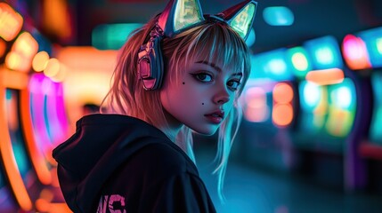 Obraz premium Young woman with headphones and cat ears in vibrant city night