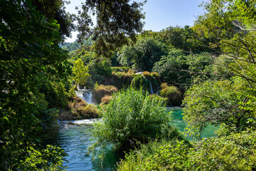 Scenic Waterfalls and lakes in a Lush Green Forest, National Park Krka, Skradin waterfalls , Croatia