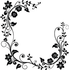 Monochrome Floral Swirl Corner with Leaves and Buds