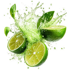 Fresh lime slices in a vibrant juice splash