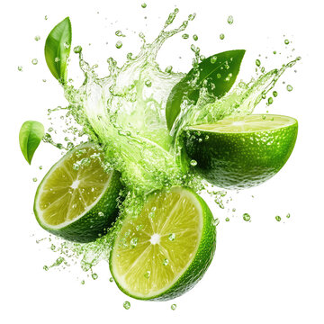 Fresh lime slices in a vibrant juice splash