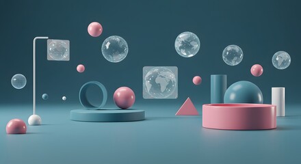 Abstract Geometric Composition with Colorful Shapes, Bubbles, and Earth Visuals in a Digital Environment