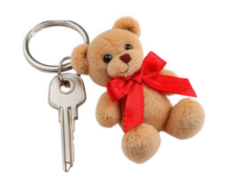 Teddy bear keychain with red ribbon, plush toy accessory, cute and soft, isolated on transparency background, metal key attached, playful and charming gift idea