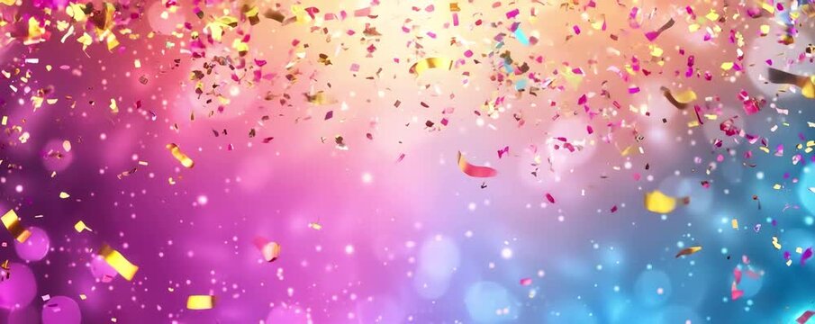 Multicolored confetti falling creating a festive and celebratory atmosphere with a blurred background featuring a vibrant gradient of pink, orange, and blue hues