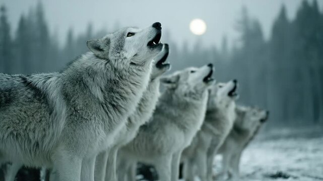 A pack of wolves howling together in a snowy forest under a full moon.