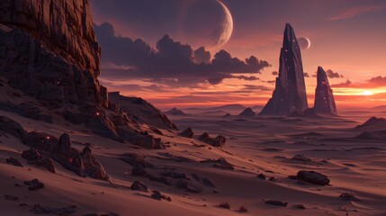 Surreal landscape with towering formations and a dramatic sky.