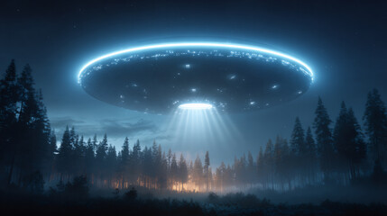 A bright alien ufo or unidentified flying object hovering over a dark mysterious forest at night with light beam.