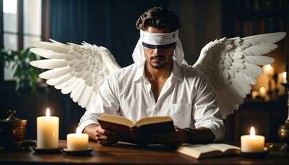 A man with angel wings, blindfolded, reads a book