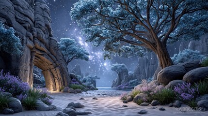 A serene night landscape with trees and starry sky.