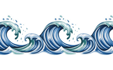 Fototapeta premium Watercolor illustration of large ocean waves in shades of blue and turquoise isolated on transparent background