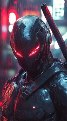 Futuristic ninja warrior in a wet city at night
