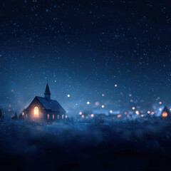 Fototapeta premium Illuminated church in snowy night with bokeh lights