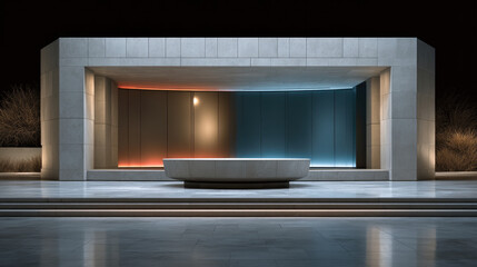 Modern concrete pavilion with circular bench, illuminated by warm and cool lights, minimalist architecture, night scene, tranquil atmosphere