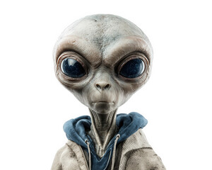 Naklejka premium Alien extraterrestrial humanoid large eyes gray skin hoodie isolated transparency background science fiction mysterious expression. humanoid alien with large dark eyes and gray skin wears hoodie