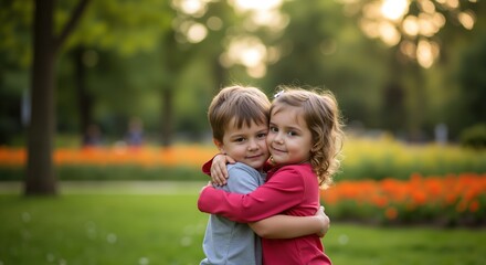 Caucasian children hugging outdoors park green grass trees background friendship love sibling bond happy smiling embrace. Friendship concept