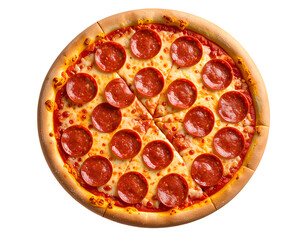 Classic Pepperoni Pizza Top View with Glowing Cheese, Transparent Background