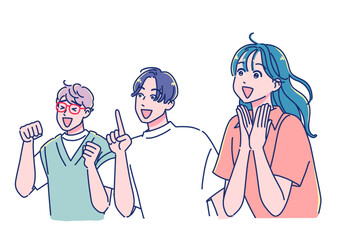 斜め上を見て感激するアニメ調の若い男女