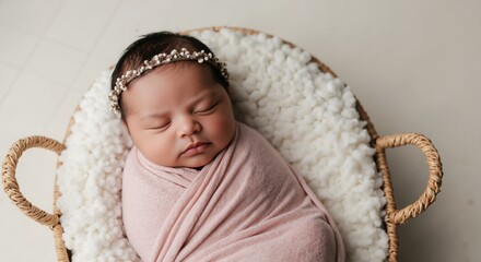 Sleeping caucasian newborn baby pink blanket wicker basket peaceful expression tender moment maternity photography portrait. Newborn baby concept