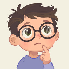 Young Curious Little cute Boy Thinking with Hand on Chin with glasses. flat vector student school kid cartoon face profile pic avatar. thoughtful little children's nerd smart character brown hair 