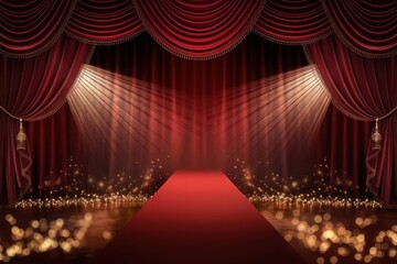 Dramatic red carpet leading to a stage with elegant red curtains
