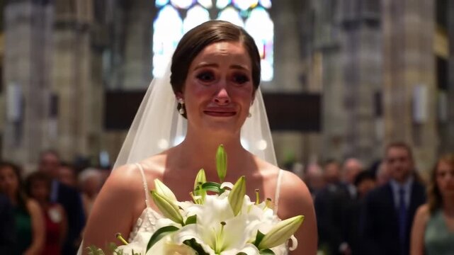 Emotional bride in church