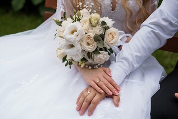 Elegant Wedding Bouquet and Rings: Close-Up of Bride's Hands, White Roses, Lace Dress, Romantic...