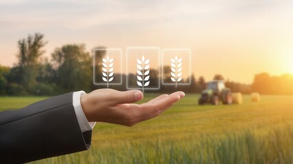 Precision Farming: Hand displaying grain icons with rural landscape backdrop