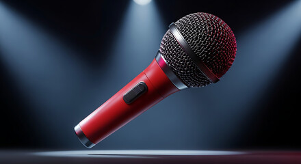 A vibrant red microphone illuminated by spotlights against a dark background.
