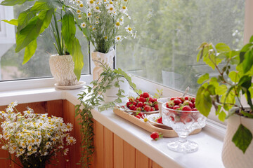 A cozy kitchen nook features a wooden wall adorned with fresh herbs, flowers, and bowls of ripe...