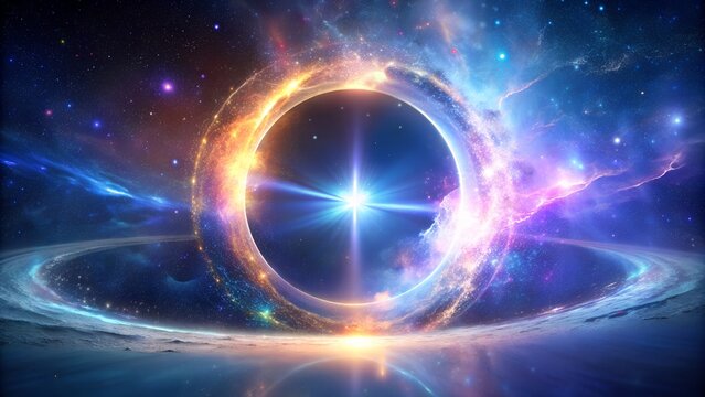 Photo of a brilliant star shines at the center of a luminous, swirling cosmic ring, suggesting a gateway to another dimension in the vast universe