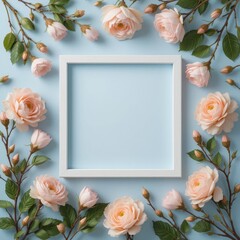 Floral frame with peach roses and leaves, pastel background, perfect for messages