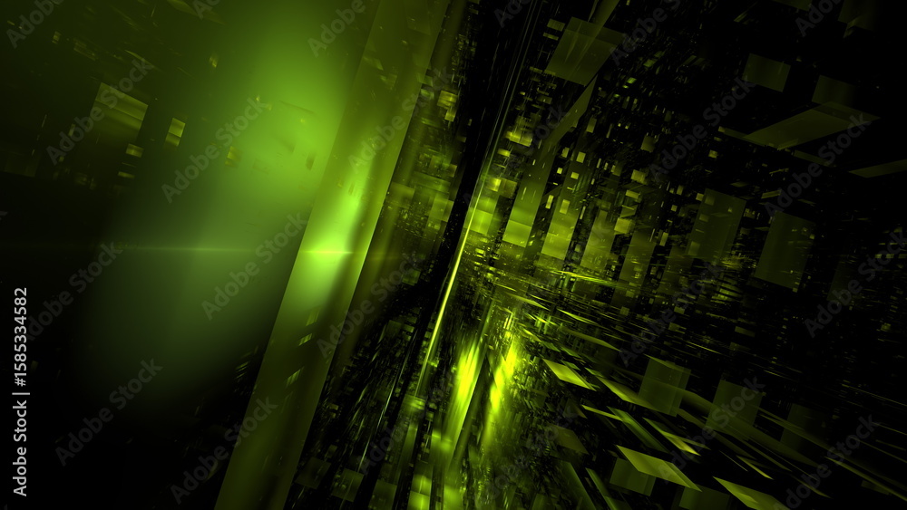Fototapete A mesmerizing digital landscape displays flowing green patterns and shapes against a dark backdrop, creating a dynamic and immersive atmosphere that captivates the viewers imagination. 3d render