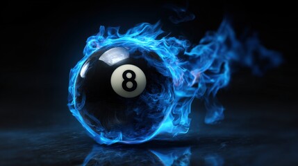 Stunning photo of magic eight ball in blue flames. A striking image featuring a black billiard ball with the number eight engulfed in mystical blue fire on a dark background.