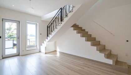 Fototapeta premium Bright interior showcases modern staircase design with adjacent balcony entrance
