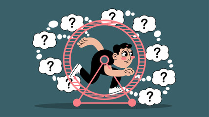 man running in a hamster wheel with question marks vector illustration