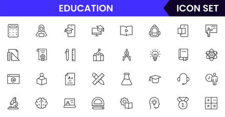 Education vector web line icon collection, sleek illustrations of books, diplomas, e-learning, knowledge for inspiring, academic designs.